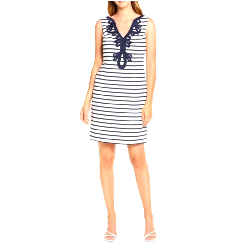 NWOT ELIZA J Stripe Sheath Dress In Navy/ White, Size 8